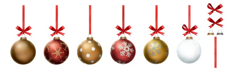 A collection of red, gold and clear Christmas baubles hanging from red ribbon and bow with snowflake glitter patterns on them isolated against a transparent background
