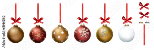 A collection of red, gold and clear Christmas baubles hanging from red ribbon and bow with snowflake glitter patterns on them isolated against a transparent background