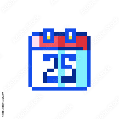 Pixel Art Calendar Date December 25. Retro 8 bit Style Merry Christmas and Happy New Year Winter Holidays Illustration. Ideal for Sticker, Retro Decorative Element, Game Asset, Emoji, Patch.	
