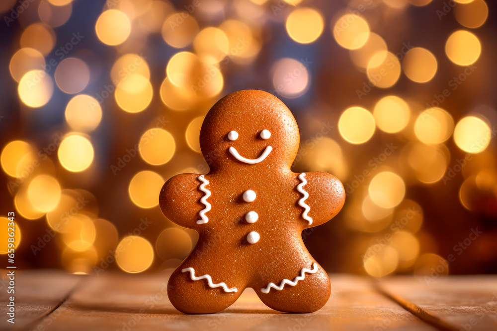Gingerbread classic cookie with a beautiful sparkling bokeh background Gingerbread classic cookie with a beautiful sparkling bokeh background