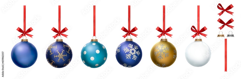 A collection of blue, red, green and clear Christmas baubles hanging from red ribbon and bow with snowflake glitter patterns on them isolated against a transparent background