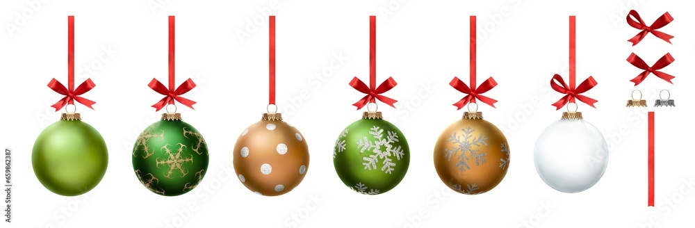 A collection of green, gold and clear Christmas baubles hanging from red ribbon and bow with snowflake glitter patterns on them isolated against a transparent background