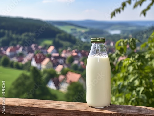 Bottle of homemade village milk against the backdrop of the village. AI