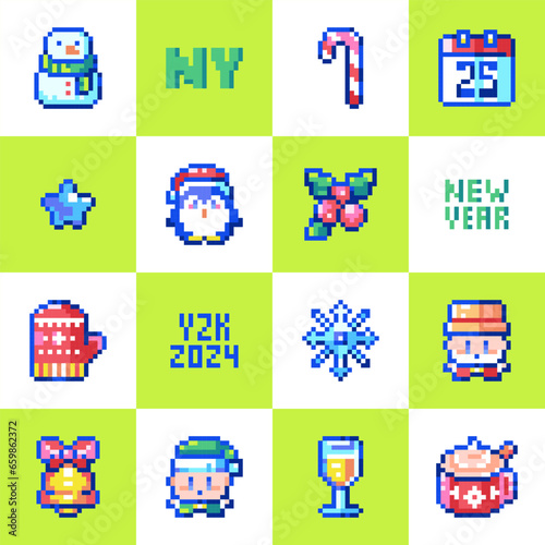 Retro Pixel Art Seamless Pattern. Winter Holidays and Christmas Elements - Snowman, Candy Cane, Calendar Date, Penguin, Mitten Glove, Elf, Champagne and Hot Chocolate Drinks.