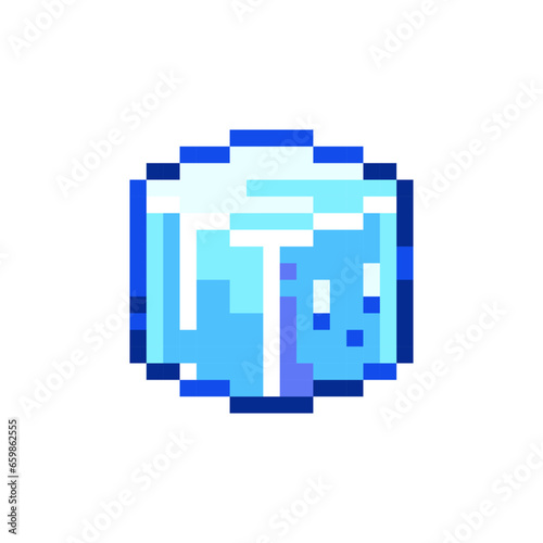Pixel Art Cute Ice Cube. Retro 8 bit Style Merry Christmas and Happy New Year Winter Holidays Character Illustration. Ideal for Sticker, Retro Decorative Element, Game Asset, Emoji, Patch, Avatar.	