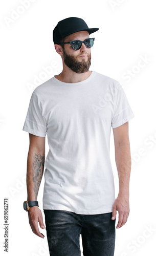 Hipster handsome male model with beard wearing white blank t-shirt and a baseball cap with space for your logo or design on thransperant png background