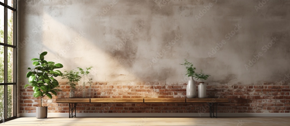 Create a of a room with a brick wall and a concrete tile floor