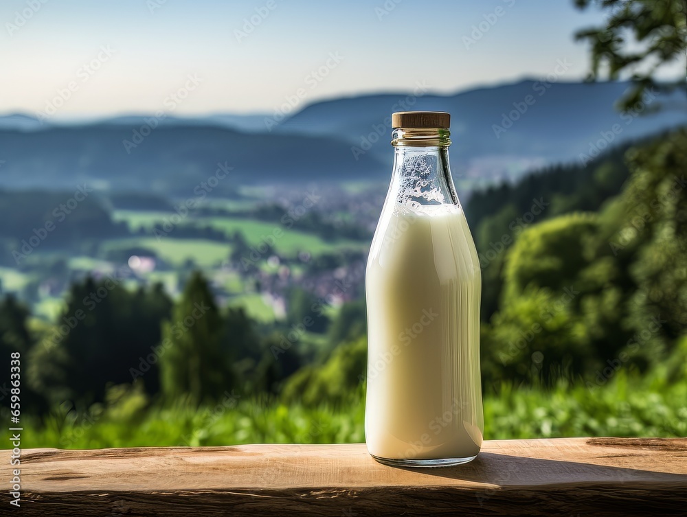 Bottle of homemade village milk against the backdrop of the village. AI Bottle of homemade village milk against the backdrop of the village. AI