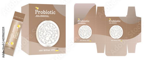 Packaging design, dietary supplement container, probiotic concept box template and mockup box, illustration vector.