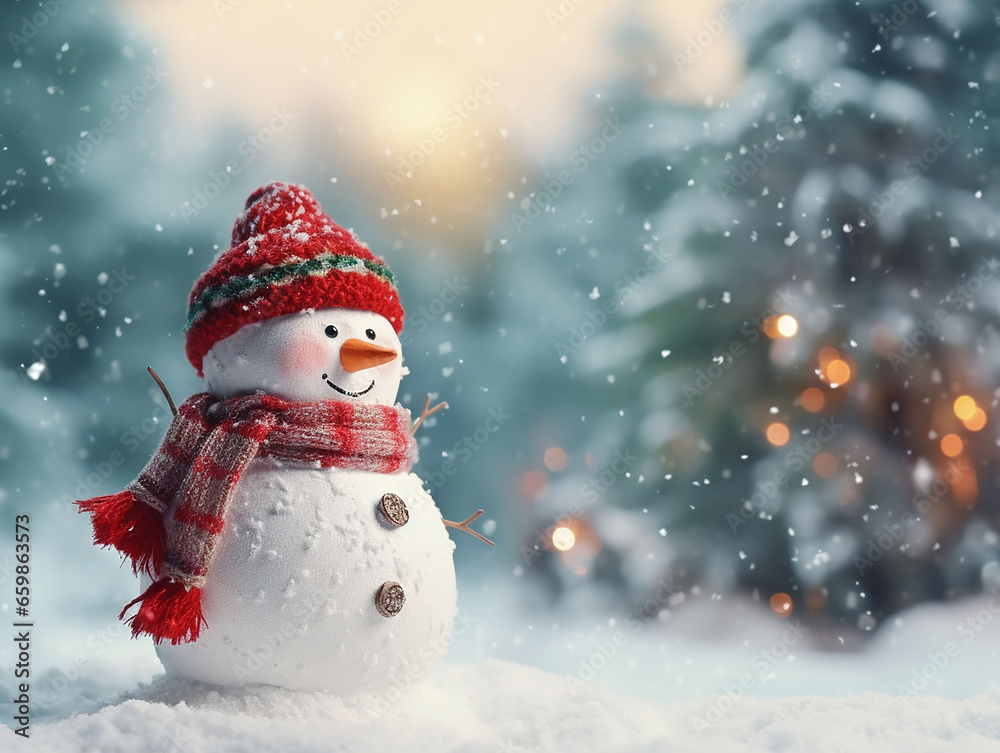 Happy snowman standing in Christmas landscape. Merry Christmas and Happy New Year greeting card