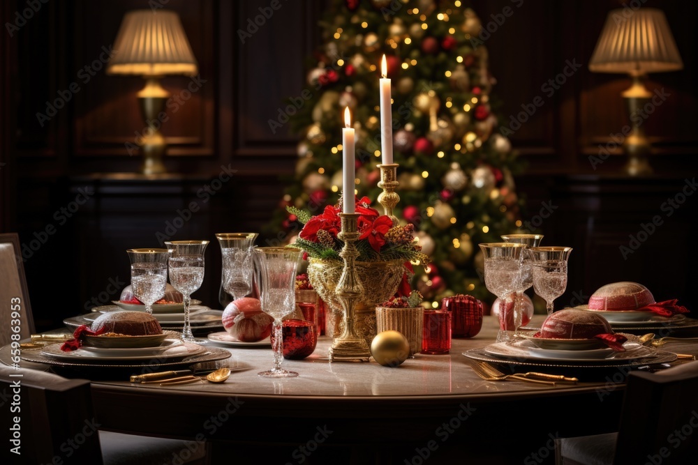 Festive christmas table setting for party. Dark and luxury. christmas tree Festive christmas table setting for party. Dark and luxury. christmas tree