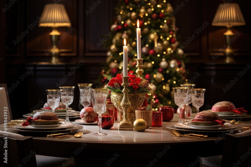 Festive christmas table setting for party. Dark and luxury. christmas tree