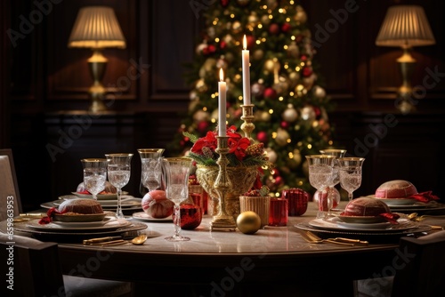 Festive christmas table setting for party. Dark and luxury. christmas tree