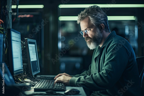 Engineer updating security software on a machine. Shot of a man using a digital tablet while working in a data centre. Senior IT professional in server room. Engineer updating software on a machine.