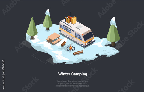 Adventures, Hiking, Family Traveling And Winter Vacations. Motorhome With Luggage On The Top Parked In Mountains In Tent Camp With Bonfire. Outdoors Family Travel. Isometric 3d Vector Illustration