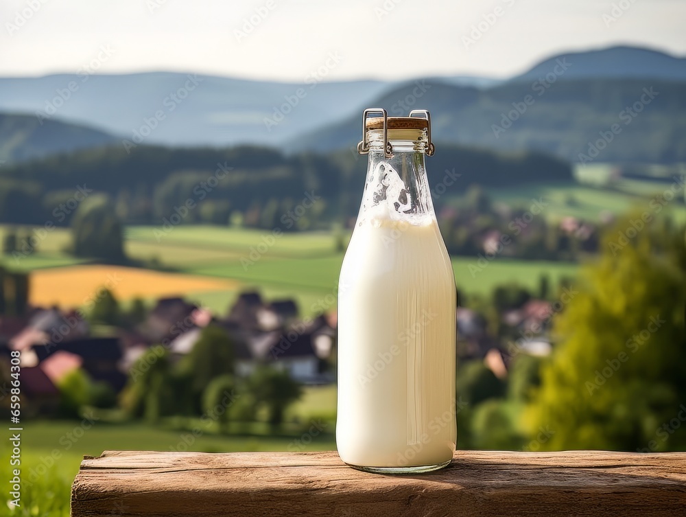 Bottle of homemade village milk against the backdrop of the village. AI Bottle of homemade village milk against the backdrop of the village. AI