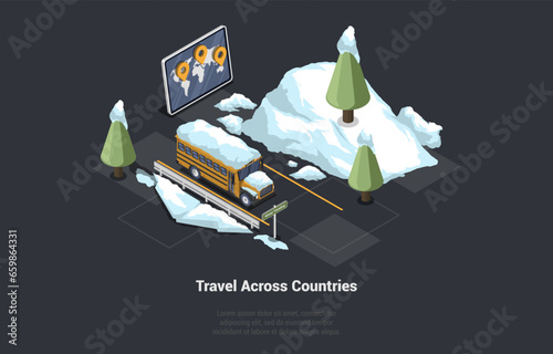 World Tourism And Travel Across Country. Snowy Bus In Mountains Parked On Parking. Help in choosing best route, parking lots, gas stations, and interesting locations. Isometric 3d Vector Illustration