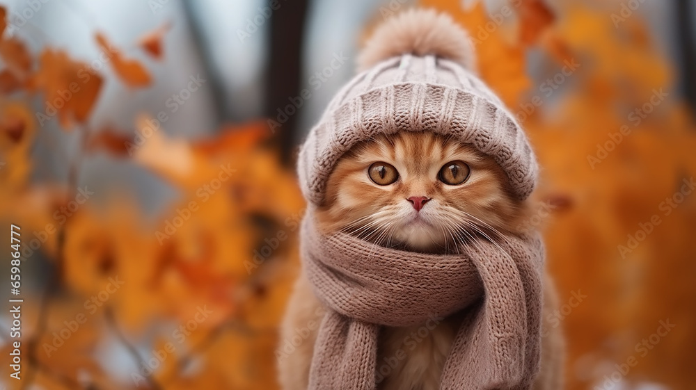 Fototapeta premium cat in autumn clothes in autumn park leaf fall, change autumn season calendar, joke