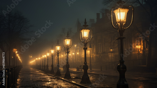 generated art landscape with street lights in the night autumn fog, fabulous picture silence mystery mist