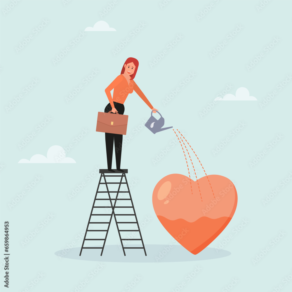 Passion for work, motivation to succeed and win business competition, mindset or attitude towards work. The girl waters her heart. Vector illustration.
 - obrazy, fototapety, plakaty 