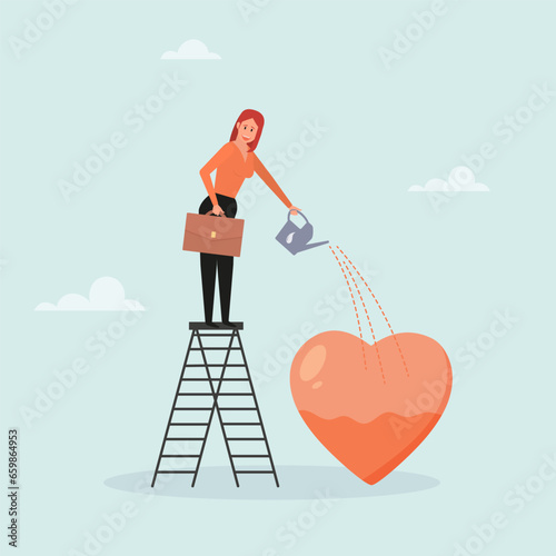 Passion for work, motivation to succeed and win business competition, mindset or attitude towards work. The girl waters her heart. Vector illustration.

