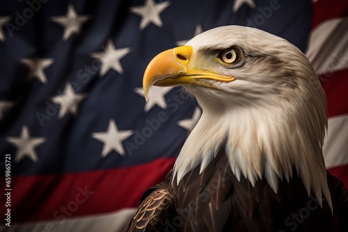 View of an eagle in Unalaska bay  Flag of United States background