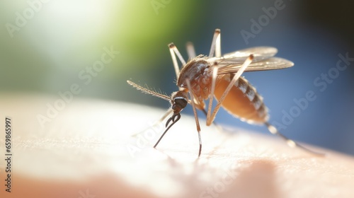 A mosquito that carries dengue fever, Zika virus is sucking blood on a person's skin