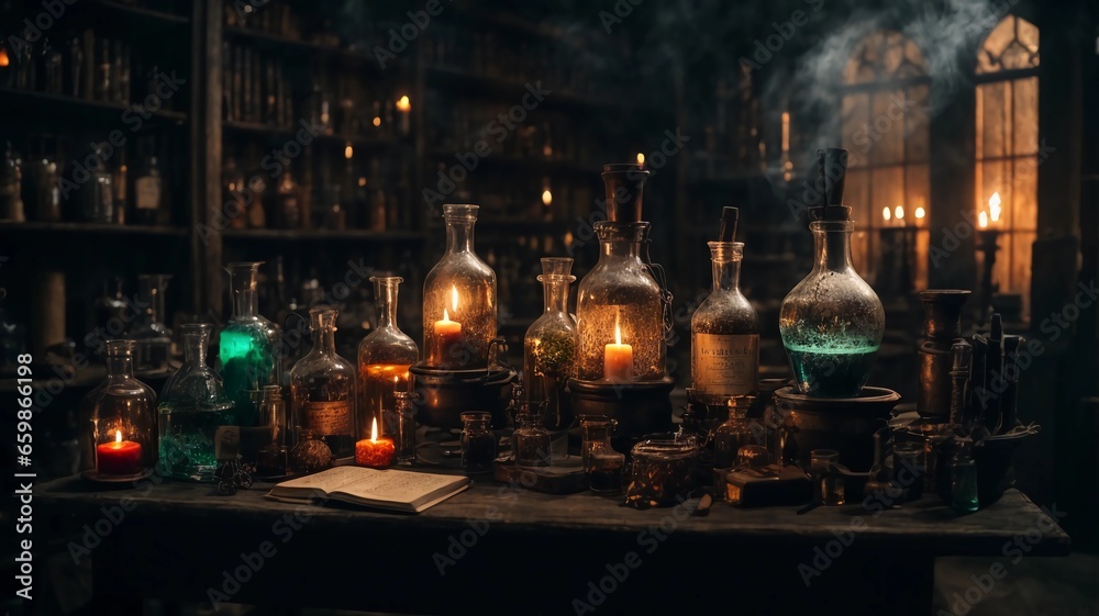 Illustration of a spooky laboratory with bubbling potions, flickering candles, and ancient spell books Illustration of a spooky laboratory with bubbling potions, flickering candles, and ancient spell books