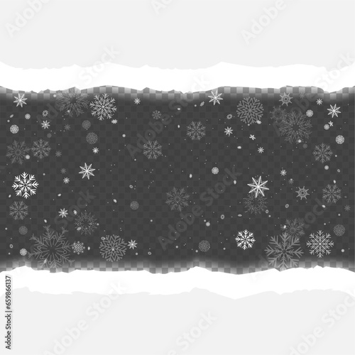 Christmas torn paper backdrop with falling snow