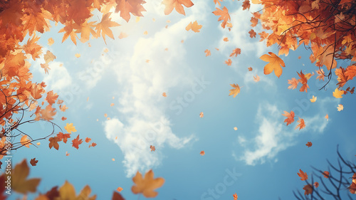 autumn frame of dry falling yellow leaves against a blue sky with white clouds, an empty blank with a copy space