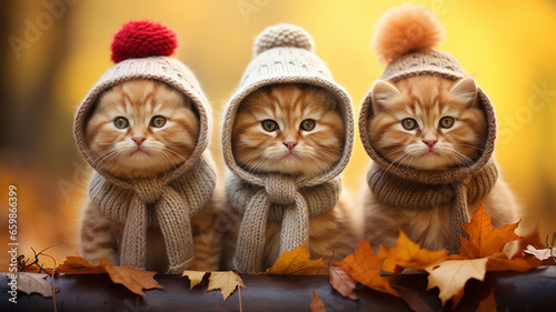 a group of cute kittens in an autumn park, dressed in small clothes, joke calendar greeting, autumn look