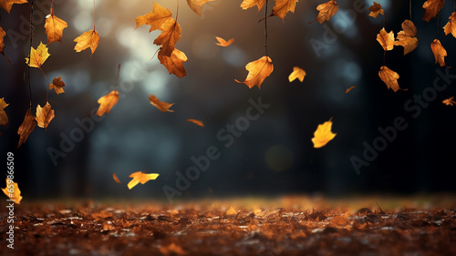 dry autumn falling leaves autumn park background, selective focus blurred forest background fall