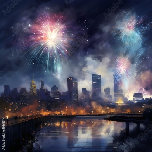 Colorful fireworks over city skyline created with AI