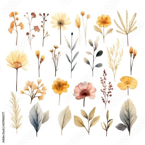Set of watercolor dry flowers on white background. Generative AI