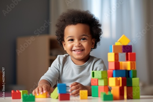 A lifestyle photograph of a young African American toddler playing with colorful wooden block toys. Cocent of a happy childhood.
