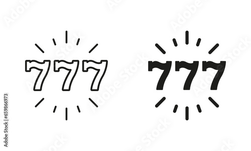 777 Jackpot Line and Silhouette Black Icon Set. Luck in Fruit Slot Machine. Gambling Play. 777 Lucky and Win Lottery Symbol Collection. Isolated Vector Illustration