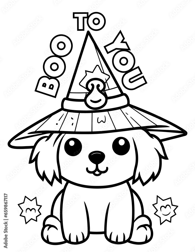 halloween dog wearing hat coloring page, white background, printable for kids and adults, autumn, fall concept. illustration halloween dog wearing hat coloring page, white background, printable for kids and adults, autumn, fall concept. illustration