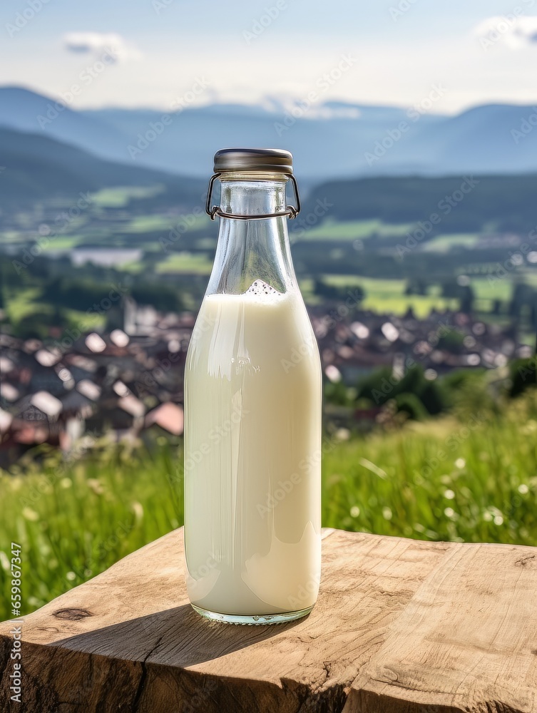 Bottle of homemade village milk against the backdrop of the village. AI Bottle of homemade village milk against the backdrop of the village. AI