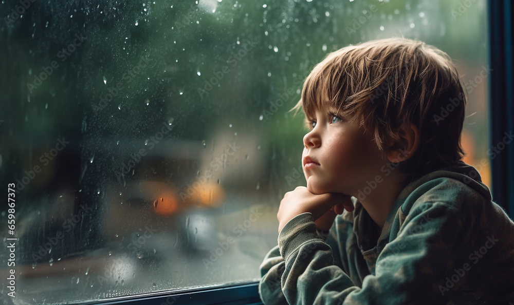Sad cute child looking trough the window on a rainy day. Pensive child looking out window during rainy day. Thoughtful young child standing by window looks sad - obrazy, fototapety, plakaty 