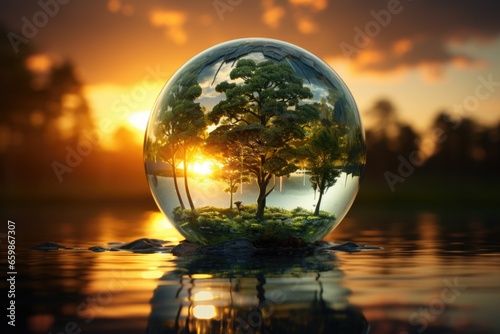 A large crystal ball with green plants inside on the water in the rays of the sunset. Save the environment. Earth Day concept.