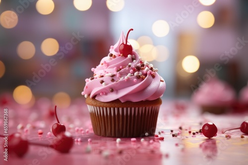 Delicious tasty berry cupcake with cream and decorations.