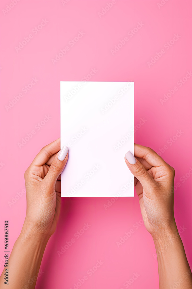 Female hands with blank business card or discount card on Flat color background with copy space (2) Female hands with blank business card or discount card on Flat color background with copy space (2)