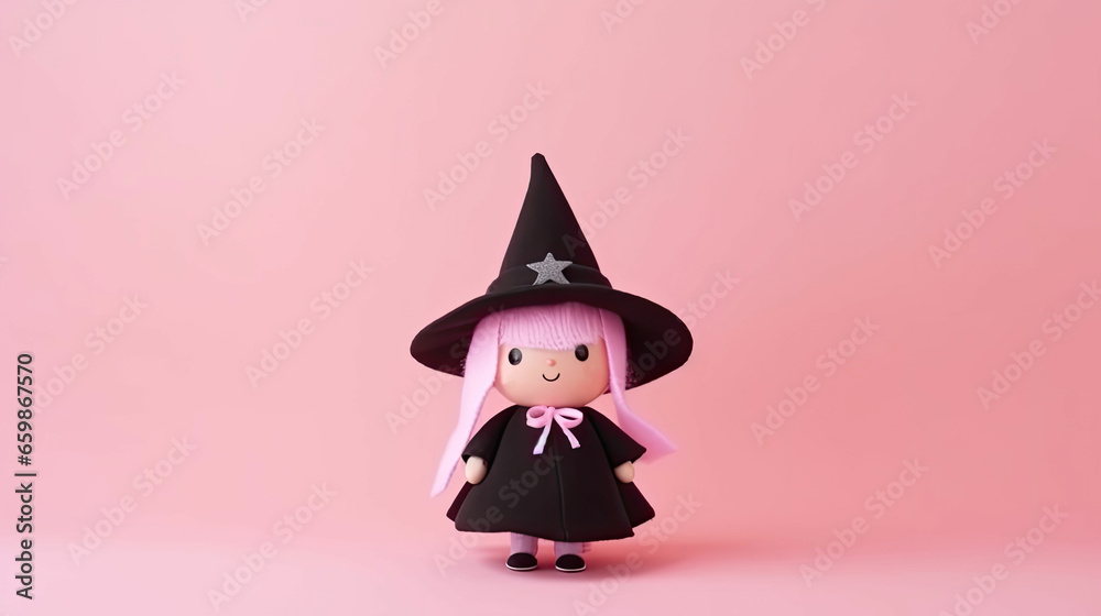Halloween - cute little toy witch horizontal banner with copy space for text, Halloween background with witch and pumpkin, halloween greeting and wishes, empty background for kids