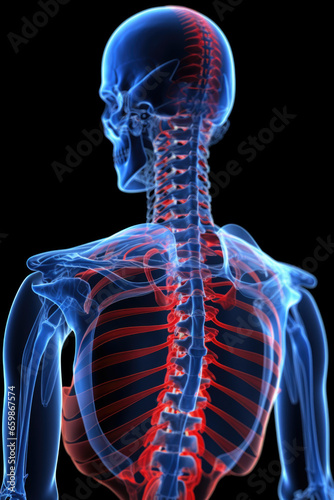 Human spine in x-ray, on gray background. The lumbar spine is highlighted by red colour.
