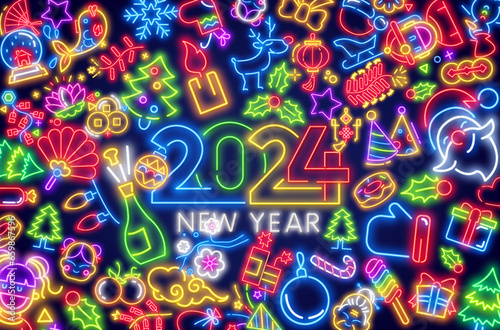 2024 neon labels collection. Happy New Year banners on brick wall. Comics explosion frame. Glowing signboard.