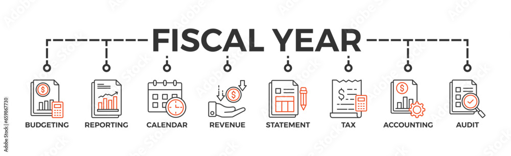 Fiscal year banner web icon vector illustration concept with icon of budgeting, reporting, calendar, revenue, statement, tax, accounting, audit Fiscal year banner web icon vector illustration concept with icon of budgeting, reporting, calendar, revenue, statement, tax, accounting, audit