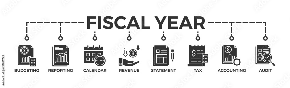 Fiscal year banner web icon vector illustration concept with icon of budgeting, reporting, calendar, revenue, statement, tax, accounting, audit Fiscal year banner web icon vector illustration concept with icon of budgeting, reporting, calendar, revenue, statement, tax, accounting, audit