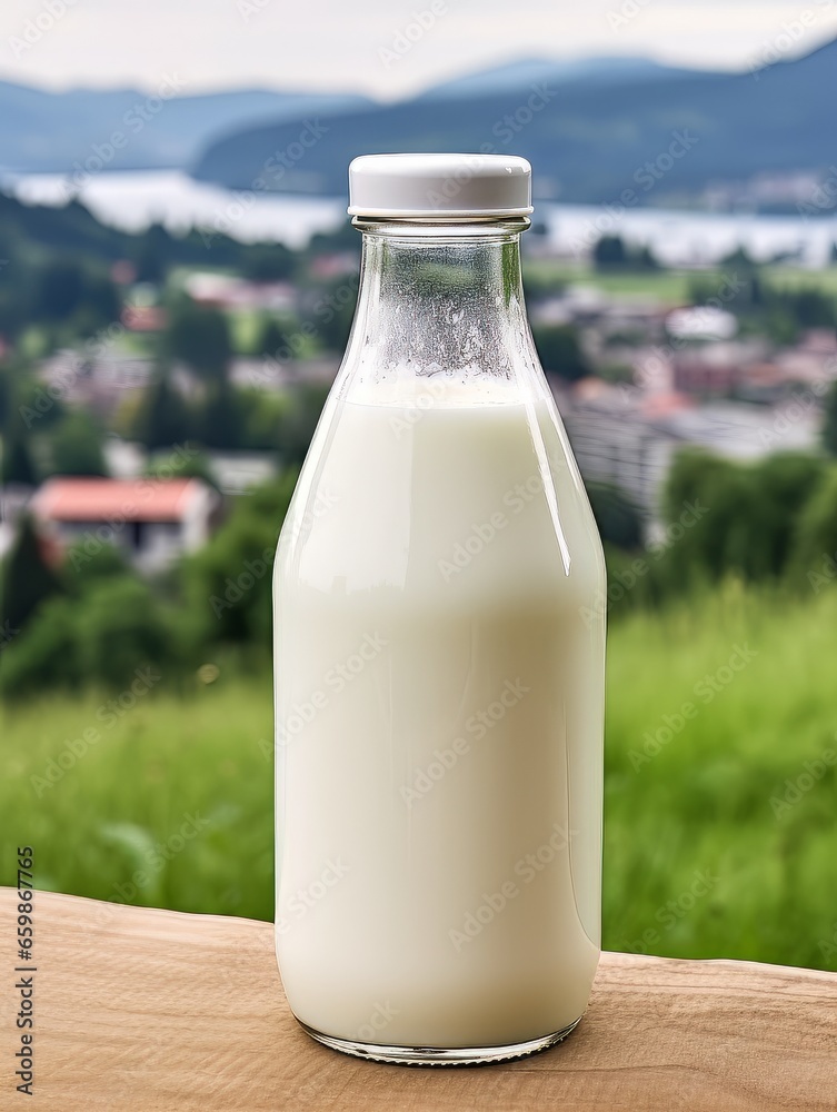 Bottle of homemade village milk against the backdrop of the village. AI Bottle of homemade village milk against the backdrop of the village. AI