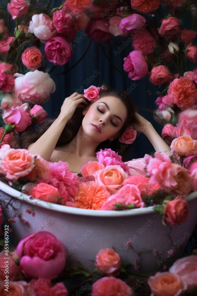 glamour editorial fashion portrait of a young female model soaking in a bathtub full of colorful flowers pink peonies and red roses glamour editorial fashion portrait of a young female model soaking in a bathtub full of colorful flowers pink peonies and red roses