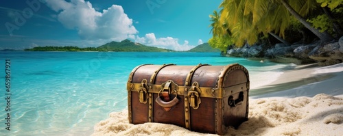 treasure chest on tropical paradise beach landscape
